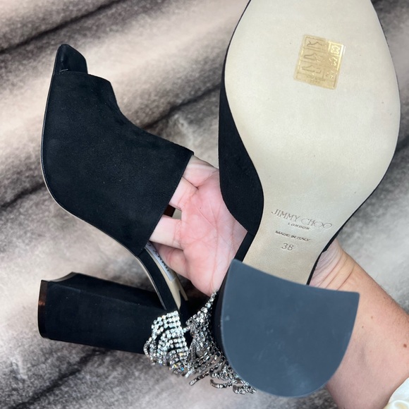 Jimmy Choo Baia 100 mm Black Suede Crystal Drape Mule Heels - Picture 10 of 12